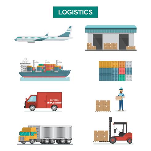 Satz von Icons Cargo Transport, Verpackung, Versand, Lieferung und Logistik auf flachen Stil vektor
