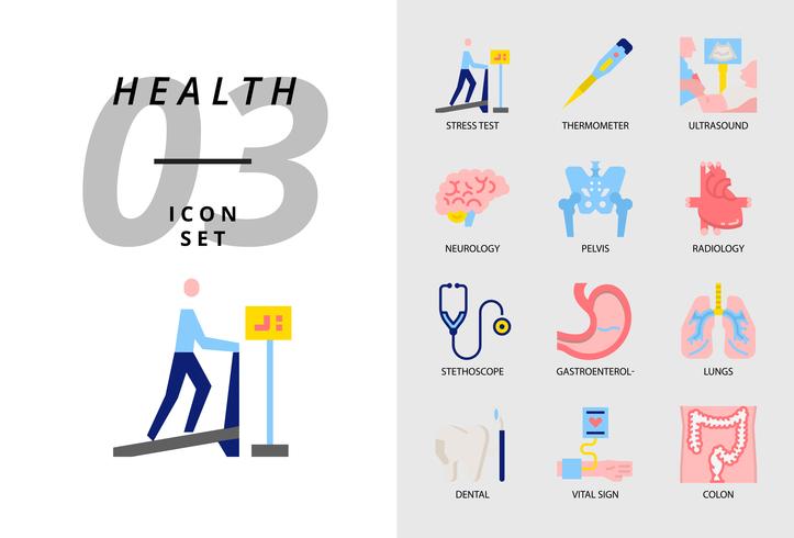 Icon Pack für Gesundheit, Krankenhaus, Belastungstest, Thermometer, Ultraschall, Neurologie, Becken, Radiologie, Stethoskop, Gastroenterologe, Lunge, Zahnarzt, Vitalzeichen, Doppelpunkt. vektor