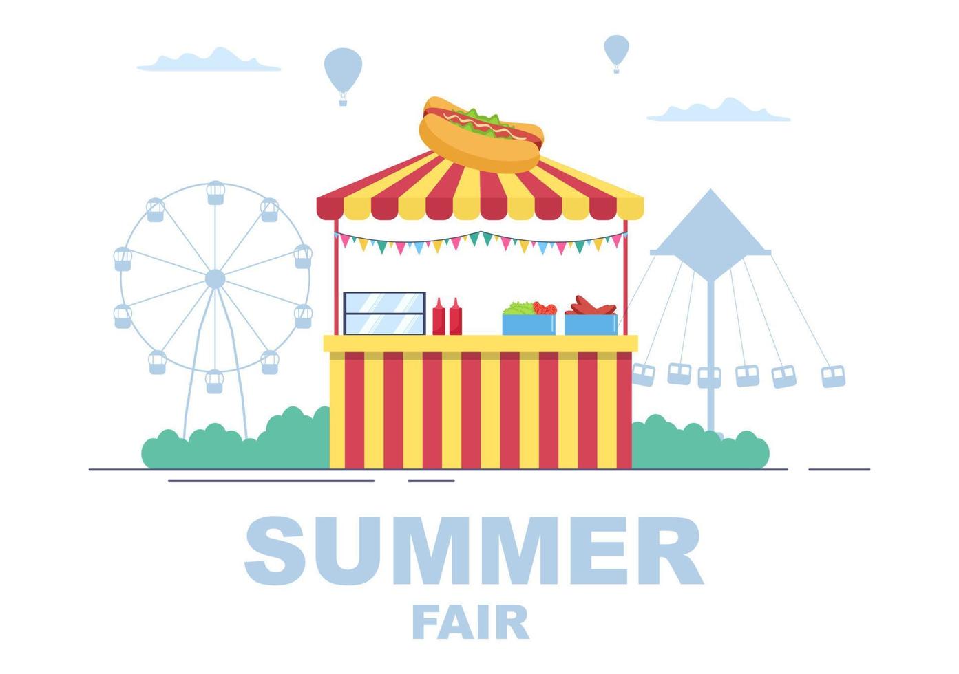 Sommerfest mit Karneval, Zirkus, Kirmes oder Vergnügungspark. Landschaft von Karussells, Achterbahn, Luftballon und Spielplatzvektorillustration vektor