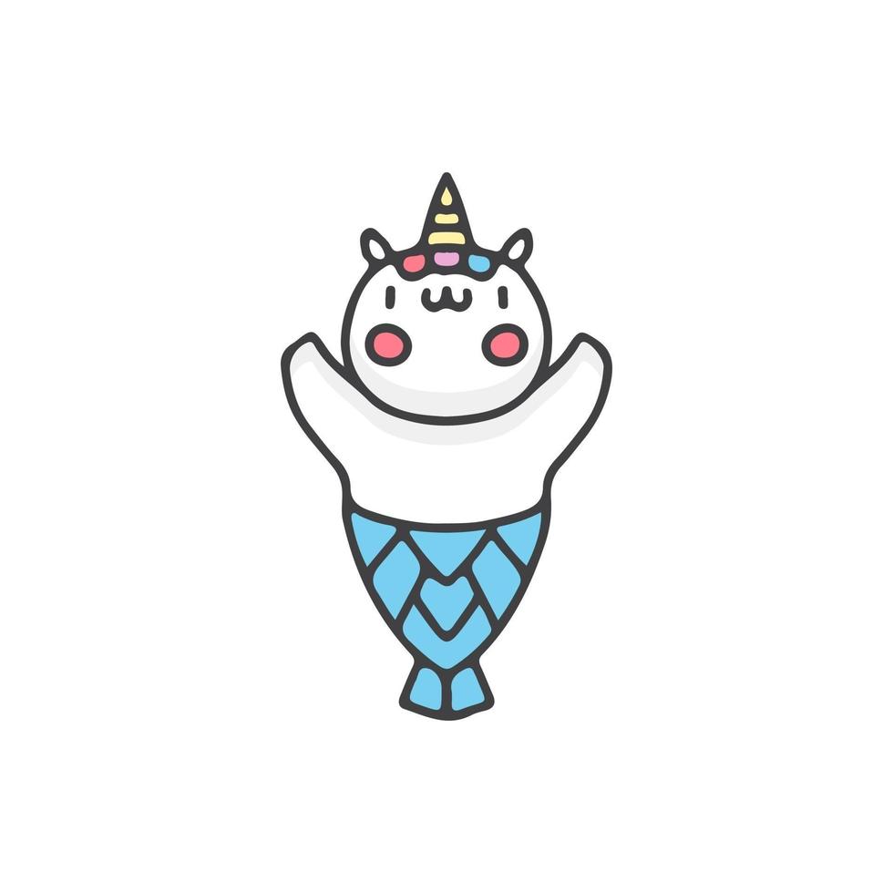 Kawaii Einhorn Meerjungfrau Maskottchen Cartoon. Illustration für T-Shirts, Poster, Logos, Aufkleber oder Bekleidungsartikel. vektor