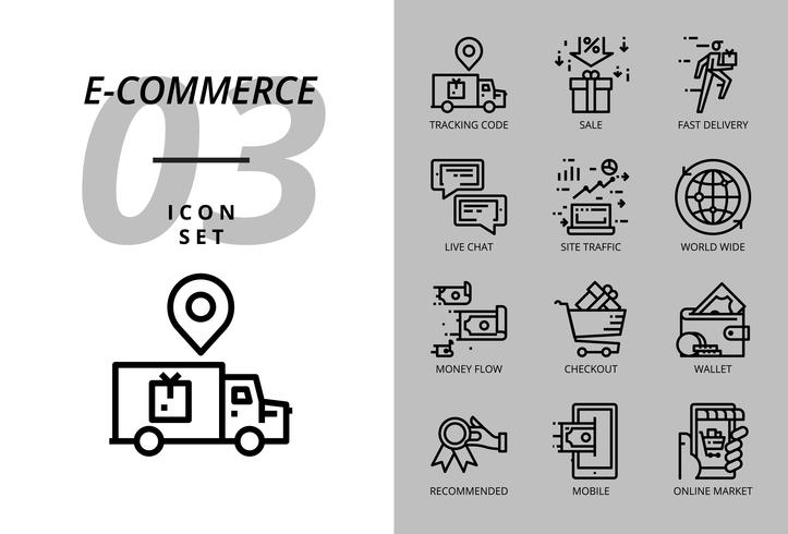 Icon-Pack für E-Commerce, Tracking-Code, Verkauf, schnelle Lieferung, Geldfluss, Kasse, Geldbörse, Live-Chat, Site-Verkehr, weltweit, mobil, Online-Markt vektor