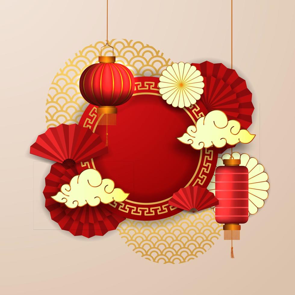 gott kinesiskt nytt år, röd fläktpappersdekoration hängande asiatisk lykta traditionell kultur vektor