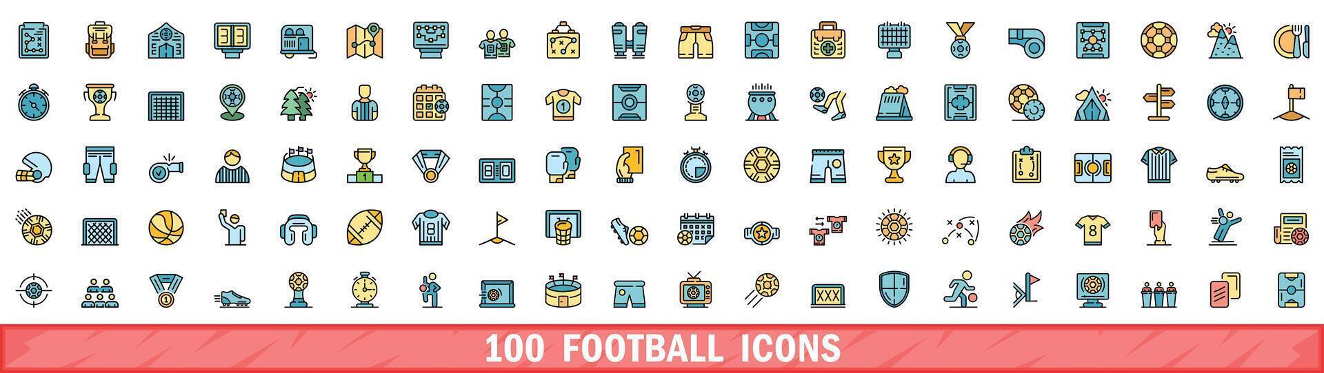 100 fotboll ikoner uppsättning, Färg linje stil vektor