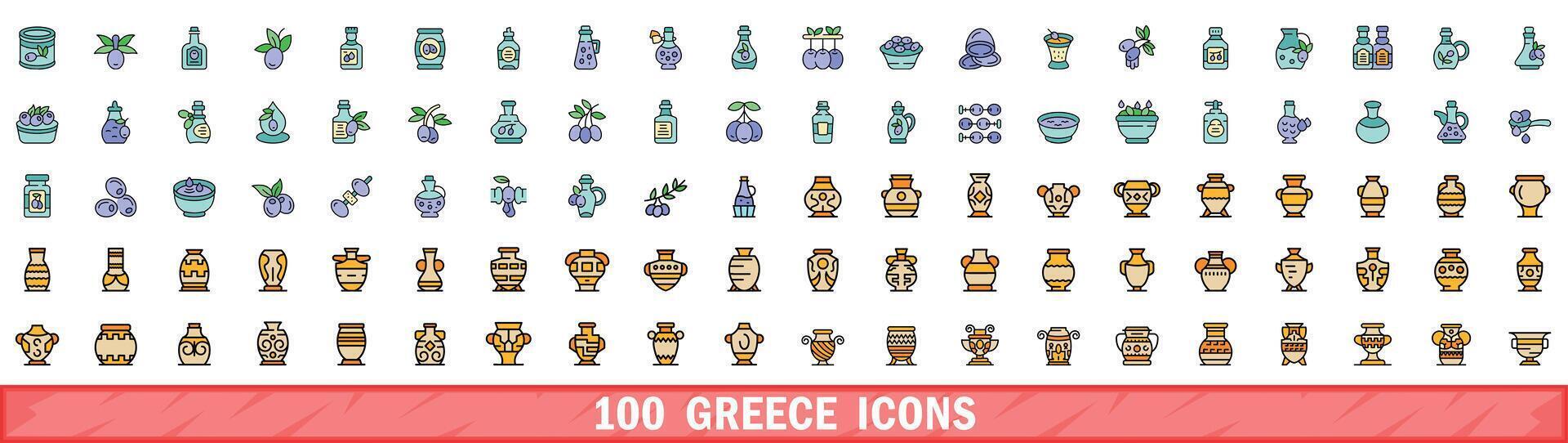 100 grekland ikoner uppsättning, Färg linje stil vektor