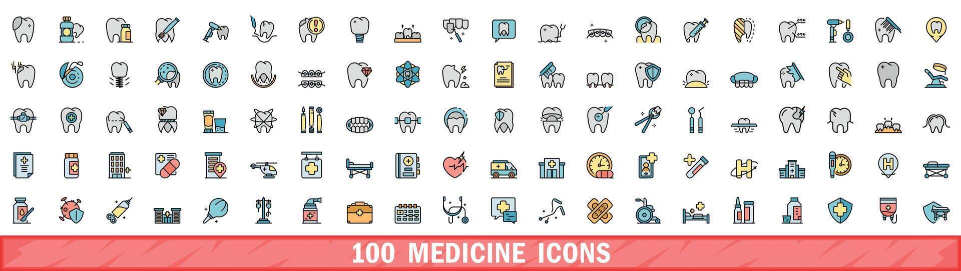 100 Medizin Symbole Satz, Farbe Linie Stil vektor