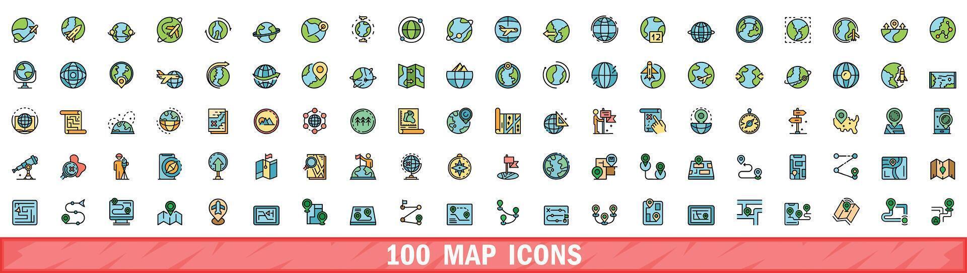 100 Karta ikoner uppsättning, Färg linje stil vektor