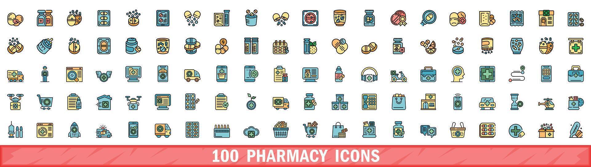 100 apotek ikoner uppsättning, Färg linje stil vektor