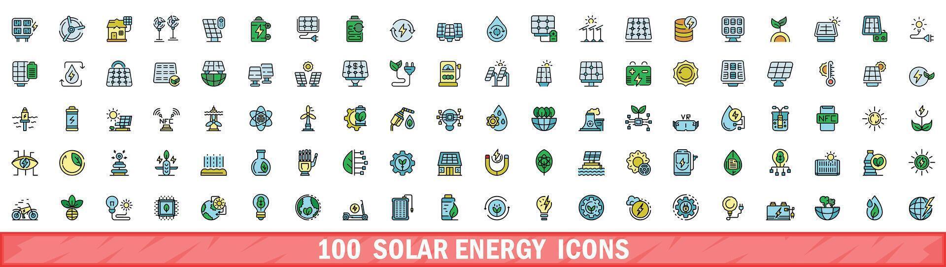 100 sol- energi ikoner uppsättning, Färg linje stil vektor