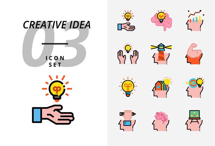 Ikonensatz für kreative Idee, Brainstorming, Idee, kreativ, Birne, Wissenschaft, Stift, Bleistift, Geschäft, Diagramm, Zuhause, Ziel, Darlehen, Schlüssel, Rakete, Gehirn. vektor