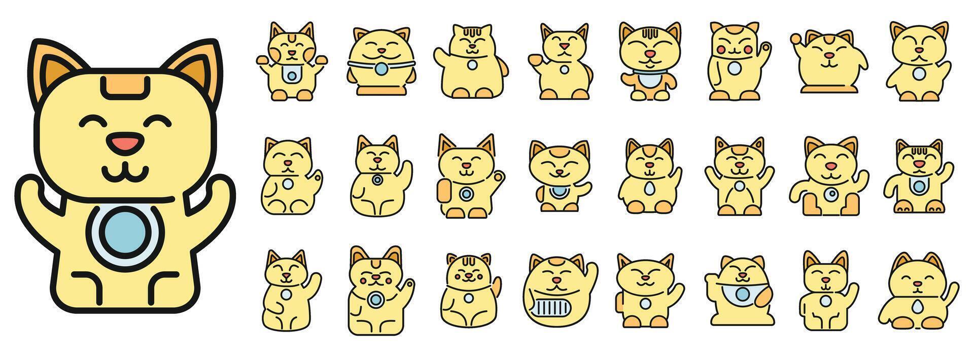 Glücklich Katze Symbole einstellen Vektor Farbe Linie