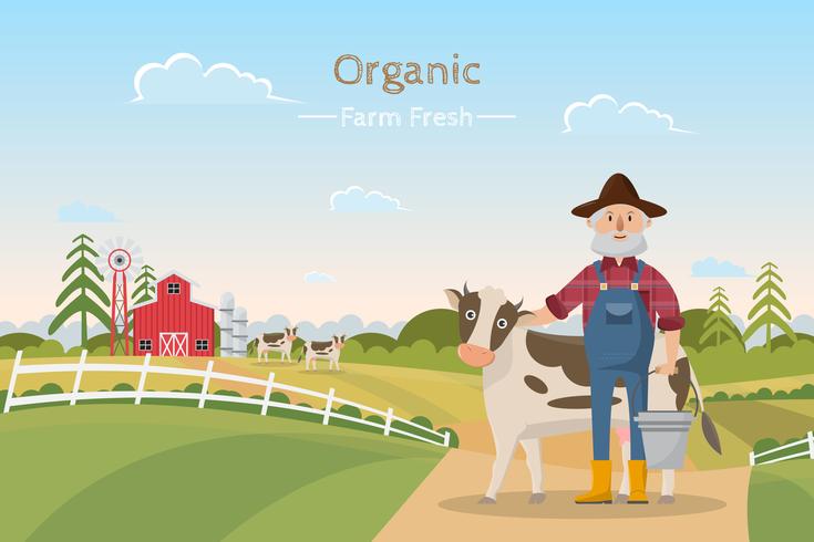 glückliche Landwirtfamilienzeichentrickfilm-figur im organischen ländlichen Bauernhof vektor