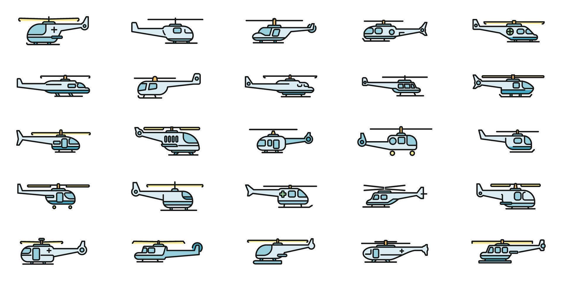 rädda helikopter ikoner uppsättning vektor Färg linje