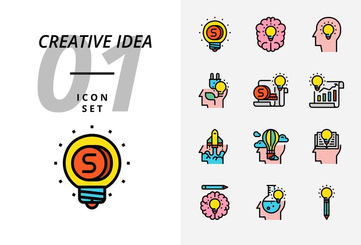 Ikonensatz für kreative Idee, Geld, Brainstorming, Idee, kreativ, Ökologie, Geld, Geschäftspapier, Pilot, Ballon, Rakete, Buch, Bildung vektor