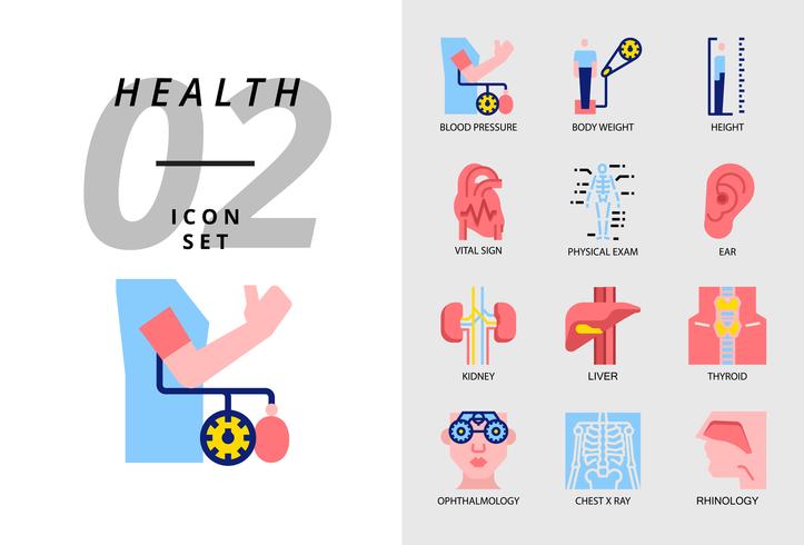 Icon Pack für Gesundheit, Krankenhaus, Blutdruck, Körpergewicht, Körpergröße, Vitalzeichen, körperliche Untersuchung, Ohr, Niere, Leber, Schilddrüse, Augenarzt, Röntgen, Rhinologie. vektor