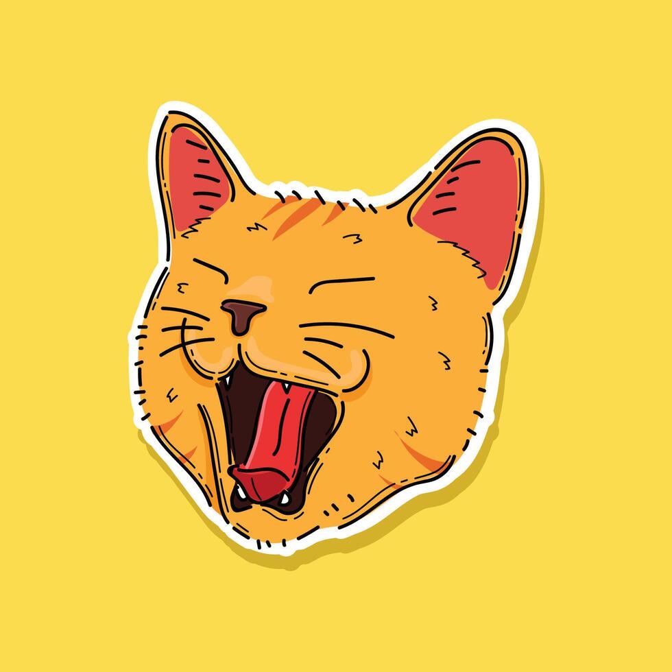 Orange Kopf Katze Gähnen, Katze Aufkleber Vektor Illustration Design isoliert im Gelb Hintergrund