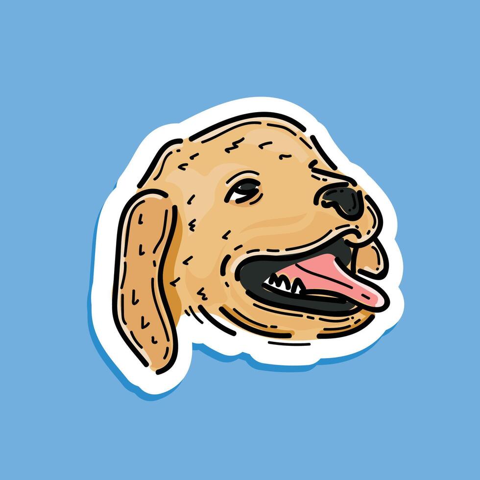 Lycklig hund ansikte isolerat på blå bakgrund. leende valp klistermärke. renrasig liten hund tecknad serie karaktär. rolig maskot mall. hand teckning brun sällskapsdjur. vovve tunga emotionell porträtt vektor