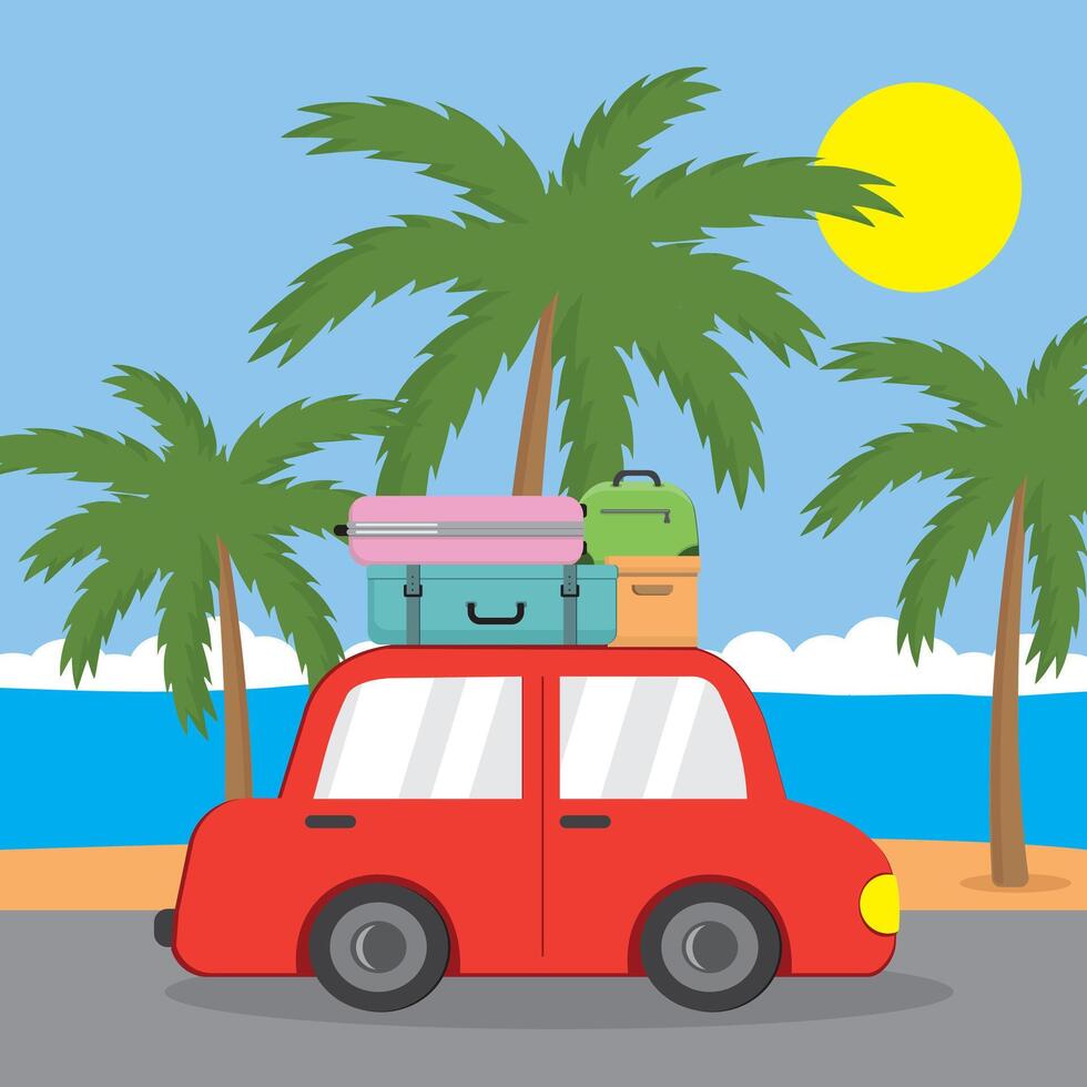sommar landskap röd bil med resväskor på de bakgrund av handflatan träd och de hav i tecknad serie stil vektor