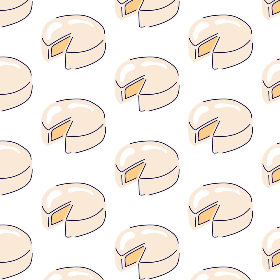 Camembert Käse Muster. Karikatur Stil Design von Lebensmittelgeschäft Molkerei Produkt. Vektor Illustration isoliert auf ein Weiß Hintergrund.