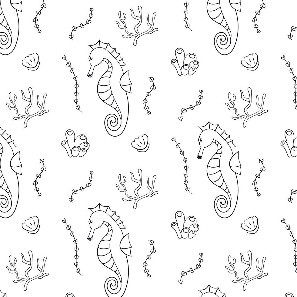 Meer Pferd Muster im Linie Kunst Stil. unterseeisch Leben Hintergrund mit Koralle, Fisch, Muschel und Seetang. Vektor Illustration auf ein Weiß.