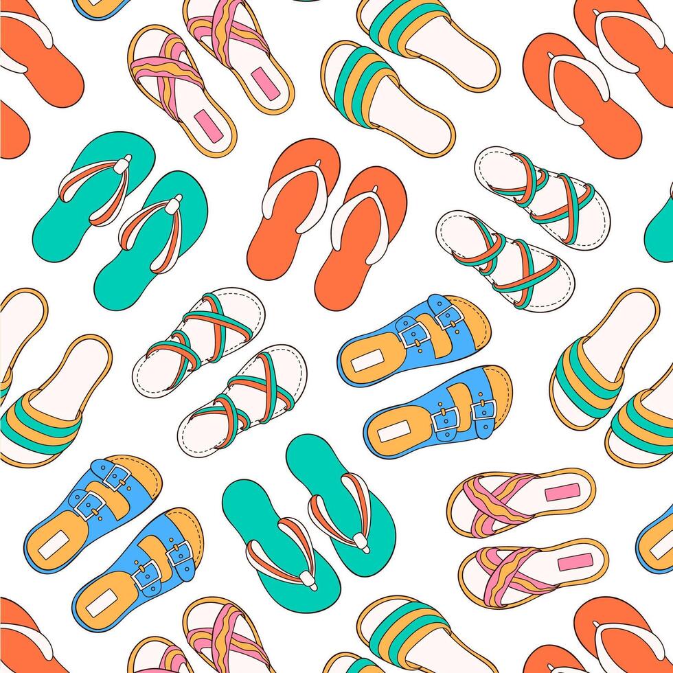 mönster med tillfällig sommar skor i tecknad serie stil. Flip flops, sandaler, tofflor design för tapet, textil. vektor illustration på en vit bakgrund.