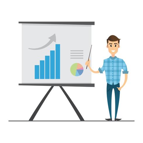 Geschäftsmann, der Marketingdaten und -diagramme auf Projektorschirm darstellt vektor