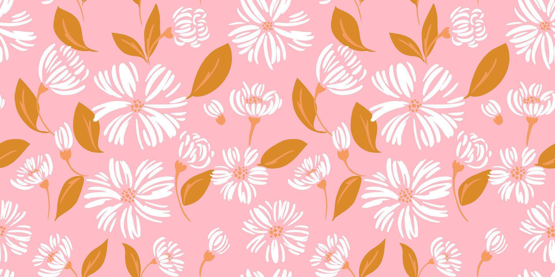 enkel kreativ former blommor och löv sömlös mönster. abstrakt enkel ditsy blommig utskrift på en rosa bakgrund. vektor hand dragen skiss. mall för design, barn textil, yta design