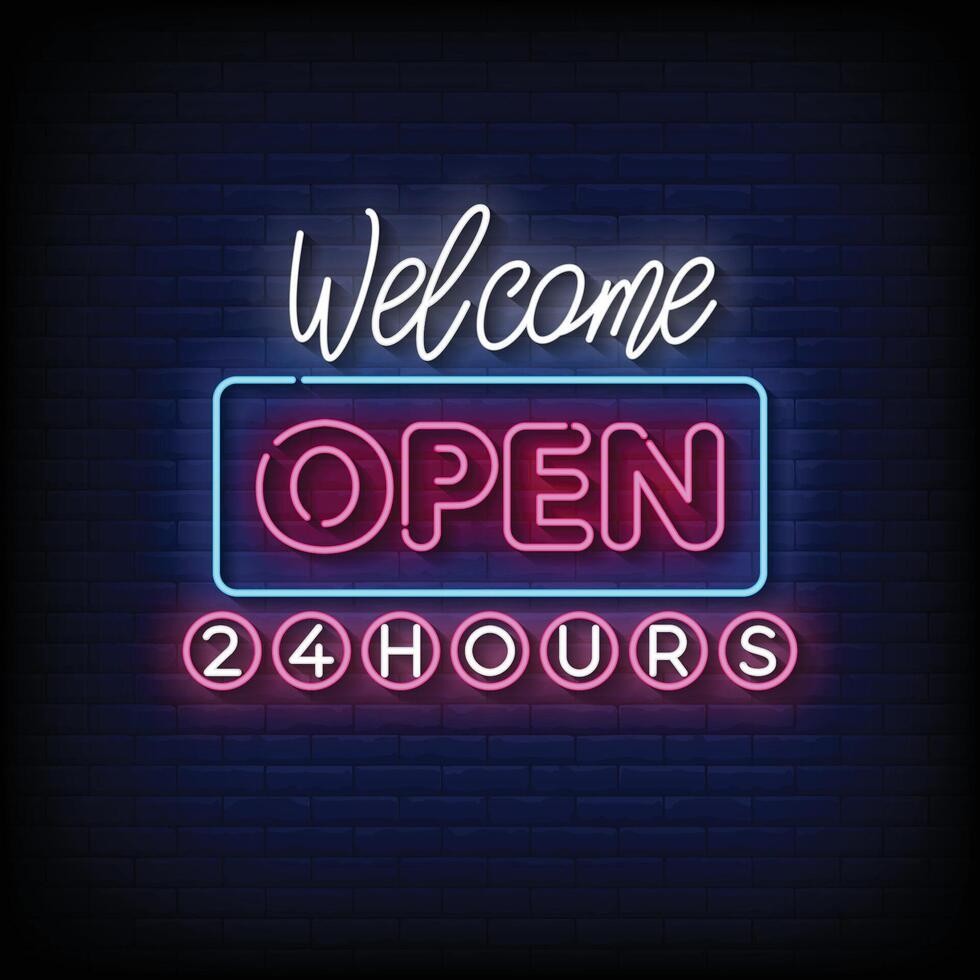 neon tecken Välkommen öppen 24 timmar med tegel vägg bakgrund vektor