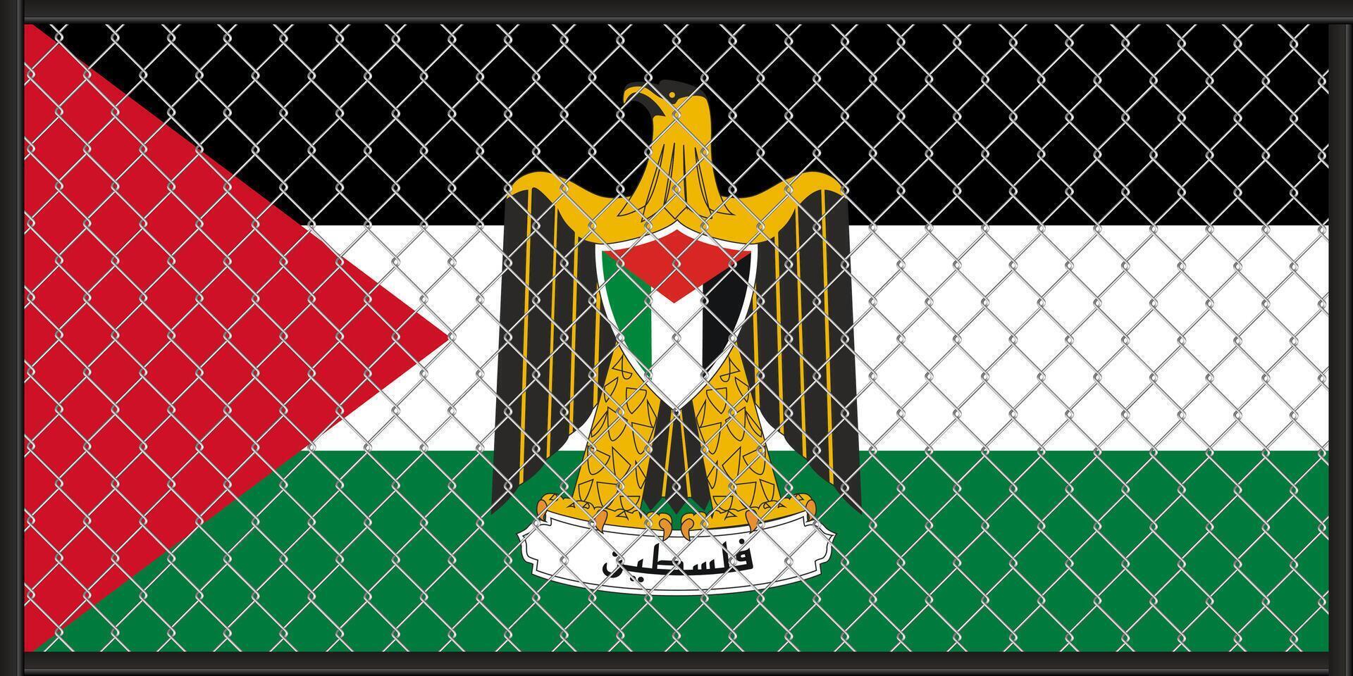 Vektor Illustration von das Flagge und Mantel von Waffen von Palästina unter das Gitter. das Konzept von Isolationismus.