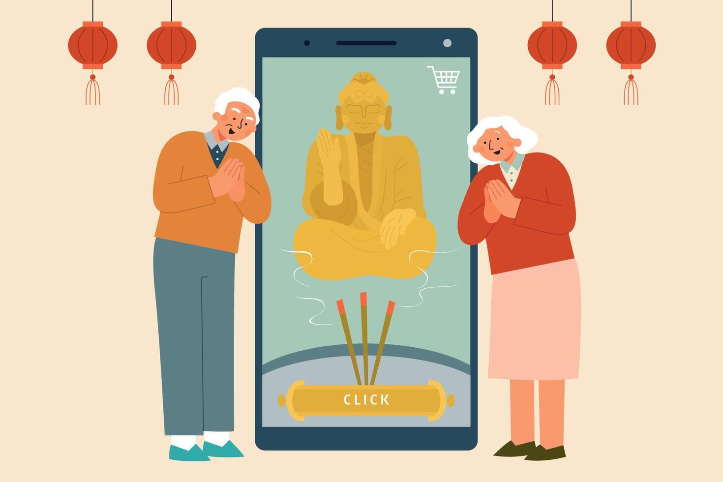 platt illustration av äldre människor stående Nästa till en mobil telefon med de uppkopplad dyrkan app vektor