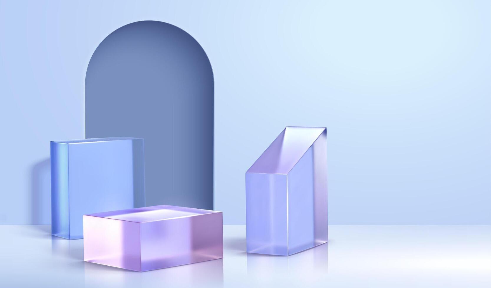 3d minimal Hintergrund zum Produkt Anzeige. Layout von Bogen Tür und Blau Kristall Glas Würfel. vektor