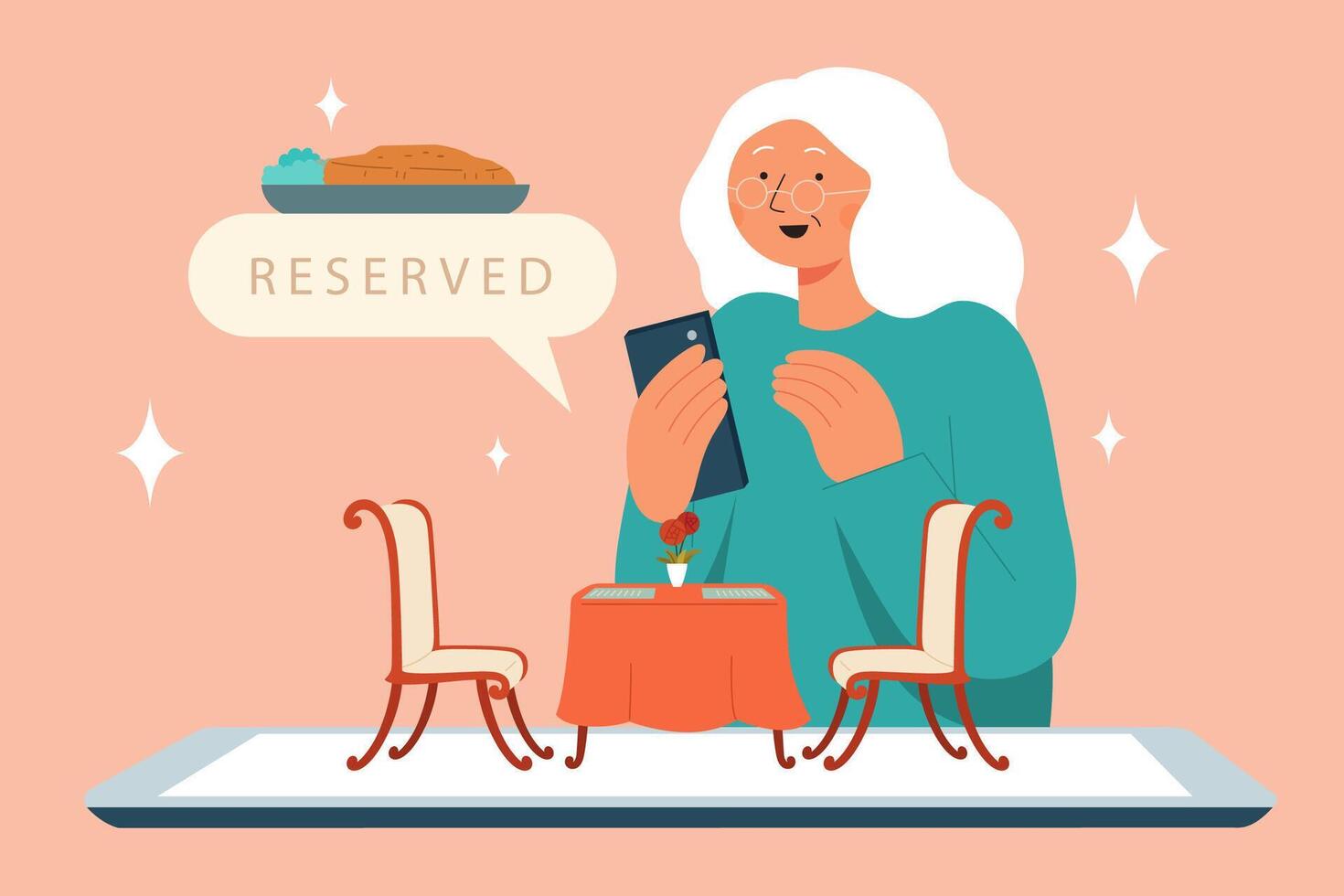 eben Illustration von Abendessen Reservierung online Senior Frau mit Handy, Mobiltelefon Telefon zu Buch Abendessen Tabelle im Restaurant vektor