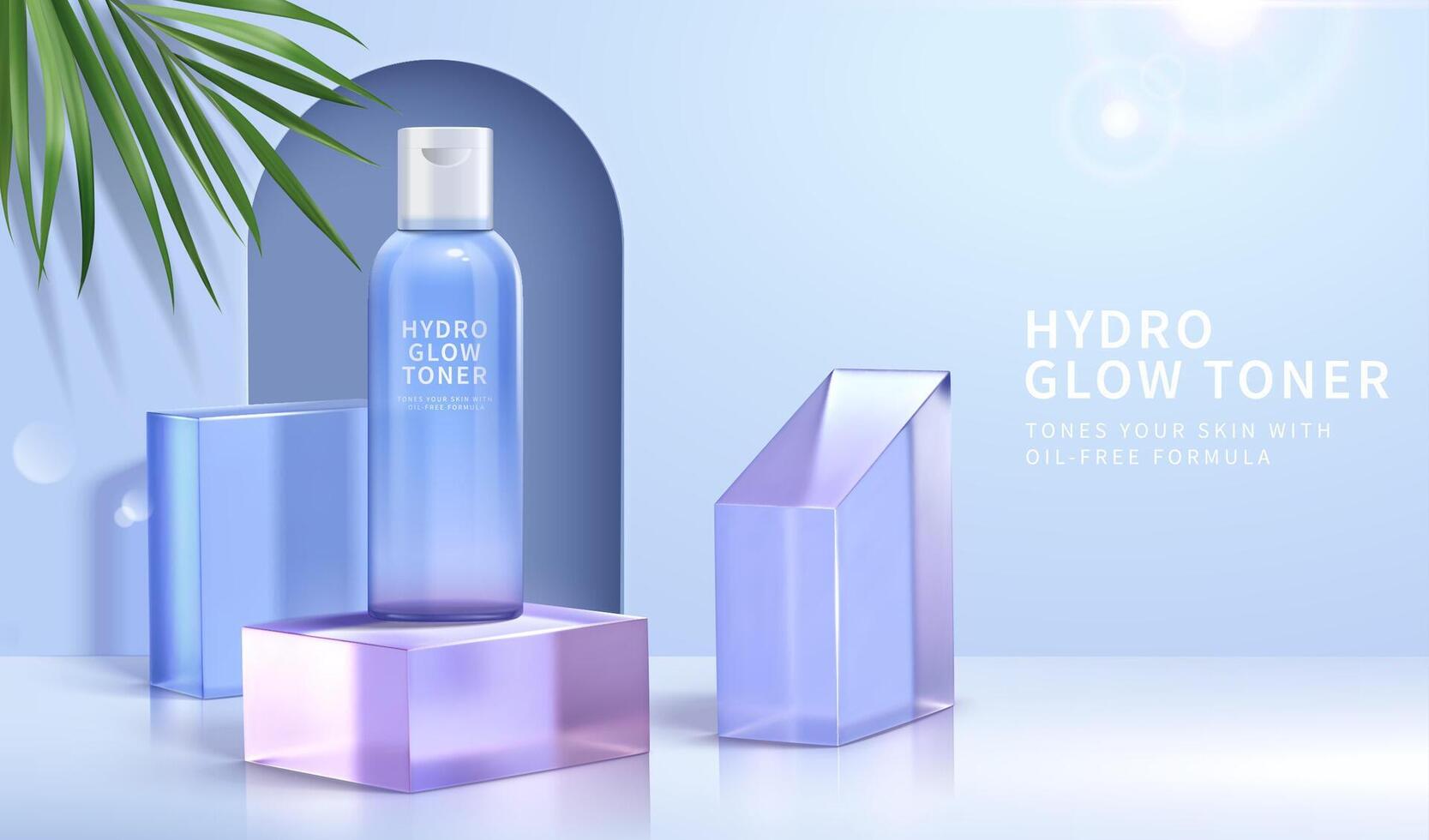 3d minimal kosmetisch Anzeige zum Sommer- Hautpflege Produkte. Toner Flasche Attrappe, Lehrmodell, Simulation mit Bogen Tür und Blau Kristall Glas Würfel. vektor