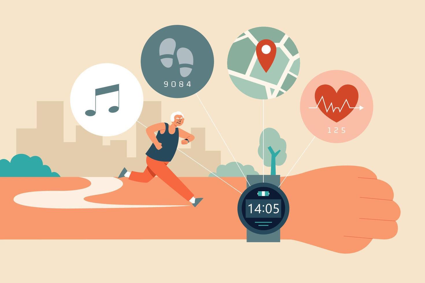platt illustration av en senior man bär en kondition tracker Kolla på med stegräknare, hjärta Betygsätta sensor, gps, och musik app medan löpning utomhus- vektor