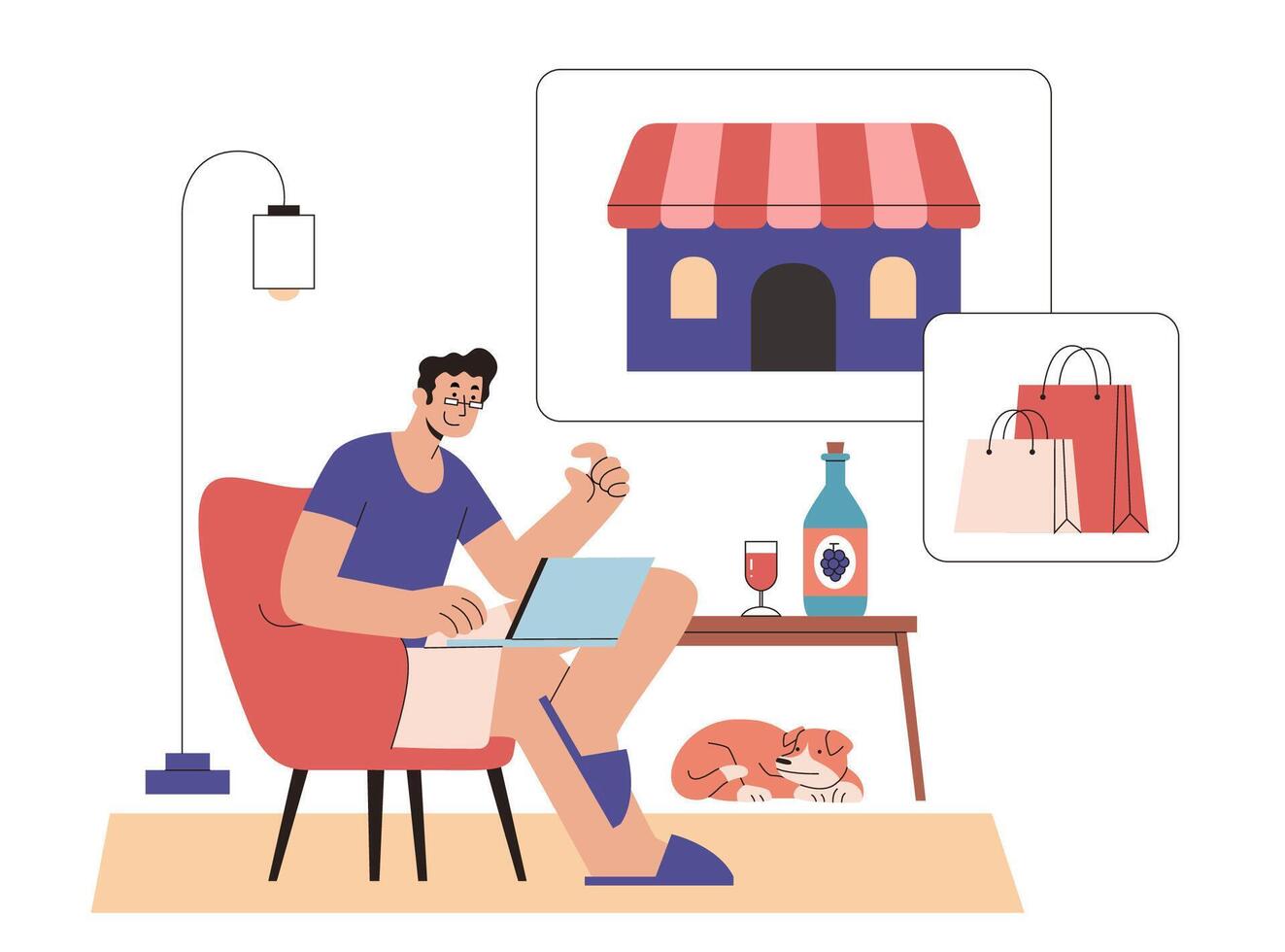 Mann Einkaufen online beim Zuhause im eben Stil Illustration. Mann im Sessel Einkaufen mit seine Laptop beim Zuhause vektor