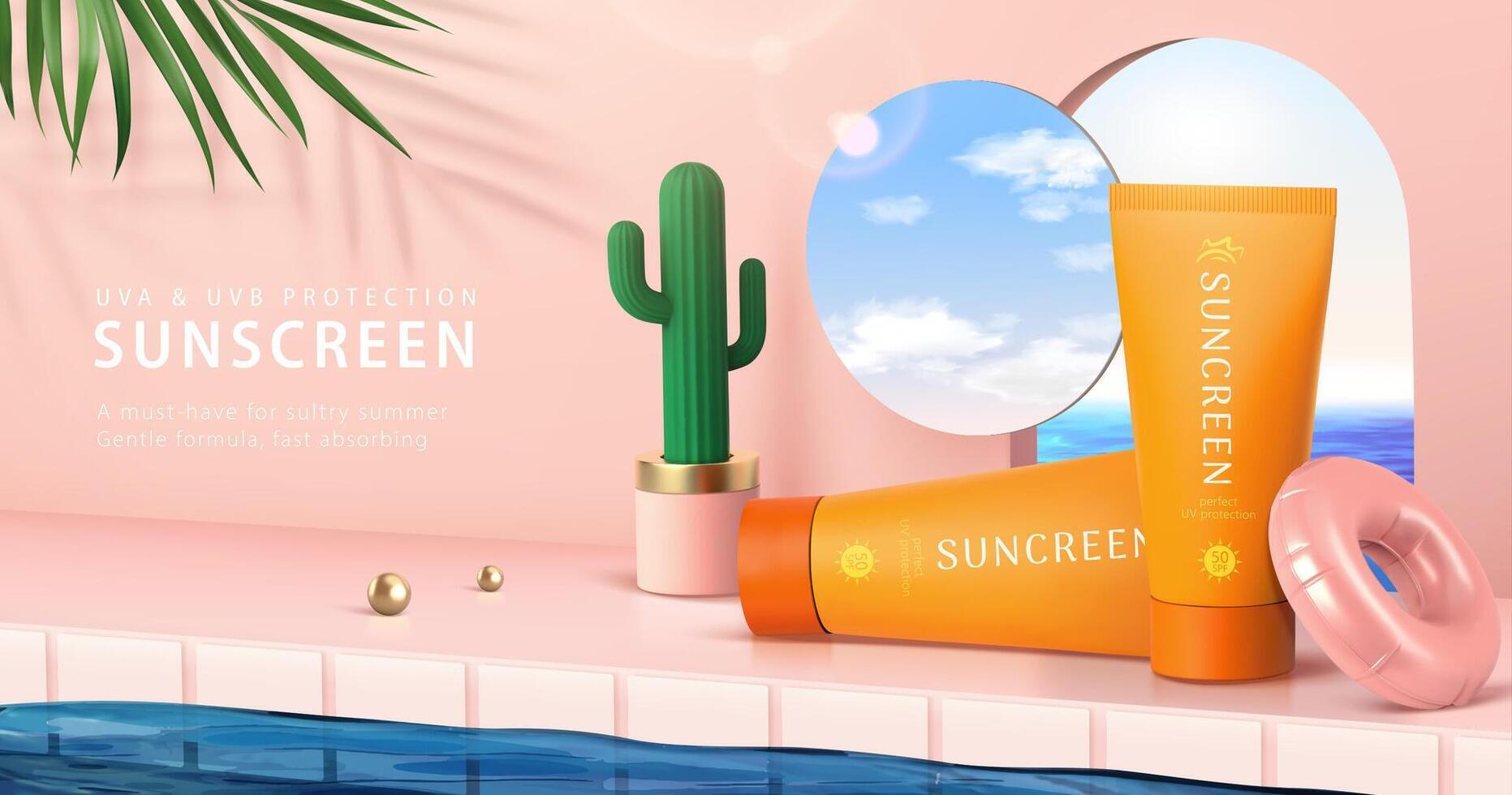 3d minimal Rosa Szene Design zum Sommer- Hautpflege Produkte. realistisch Sonnenschutz Röhren einstellen neben Schwimmen Schwimmbad, dekoriert mit Kaktus Topf, Portal und Spiegel. vektor