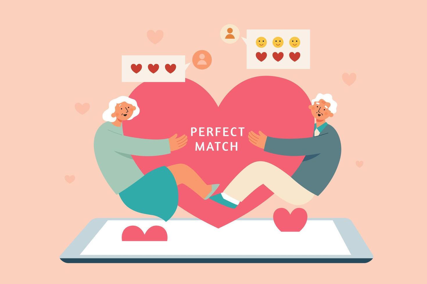 eben Illustration von Senior Mann und Frau Sein ihr perfekt Spiel auf online Dating Anwendung, halten ein groß rot Herz zwischen jeder andere vektor