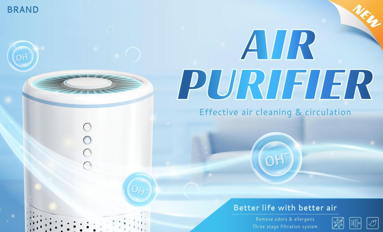 3d Hem luft renare annons. färsk luft flöden ut av luft renare maskin i levande rum vektor