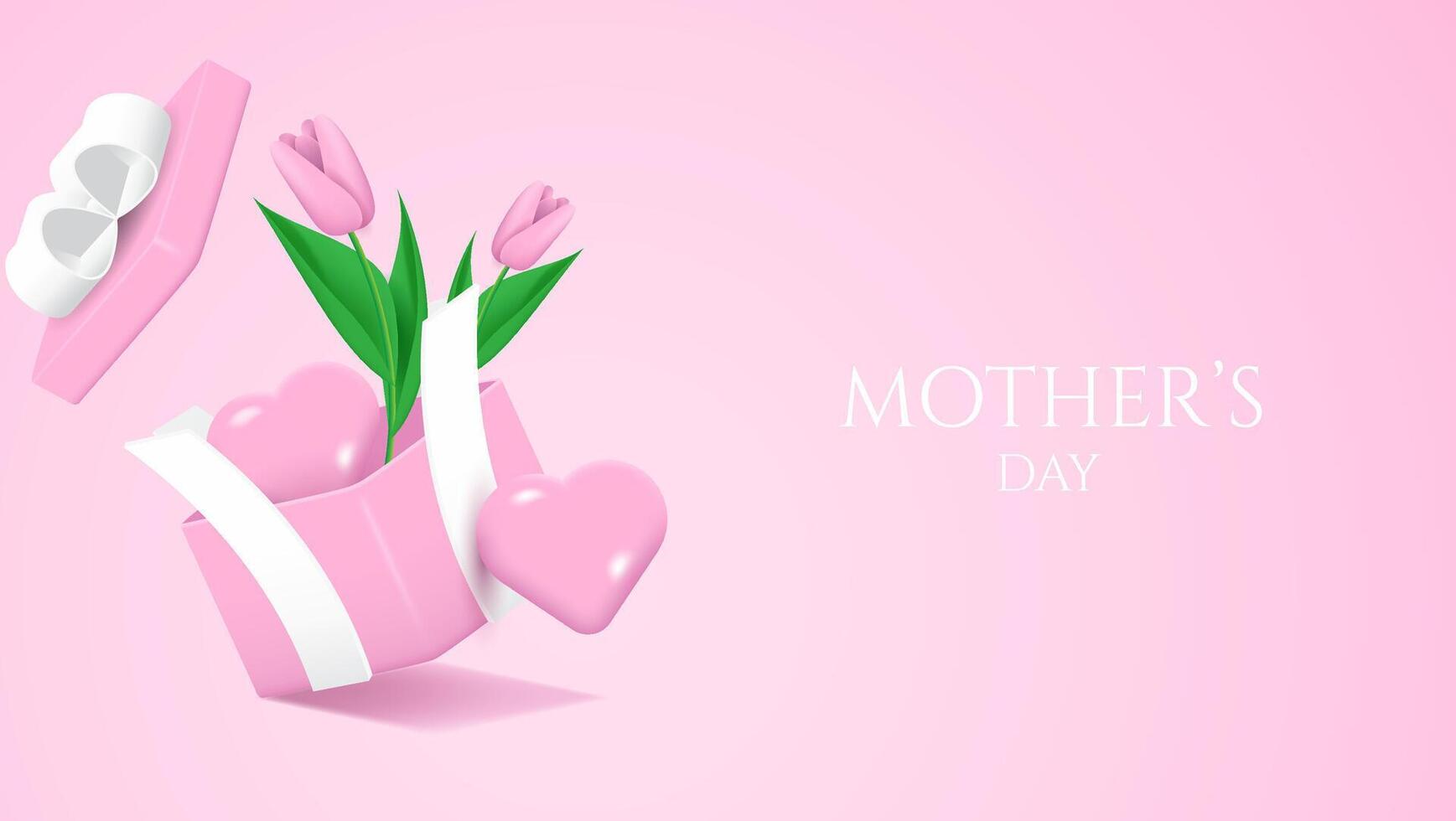 3d gåva låda, hjärta och blommor för mors dag eller hjärtans dag kort. vektor illustration
