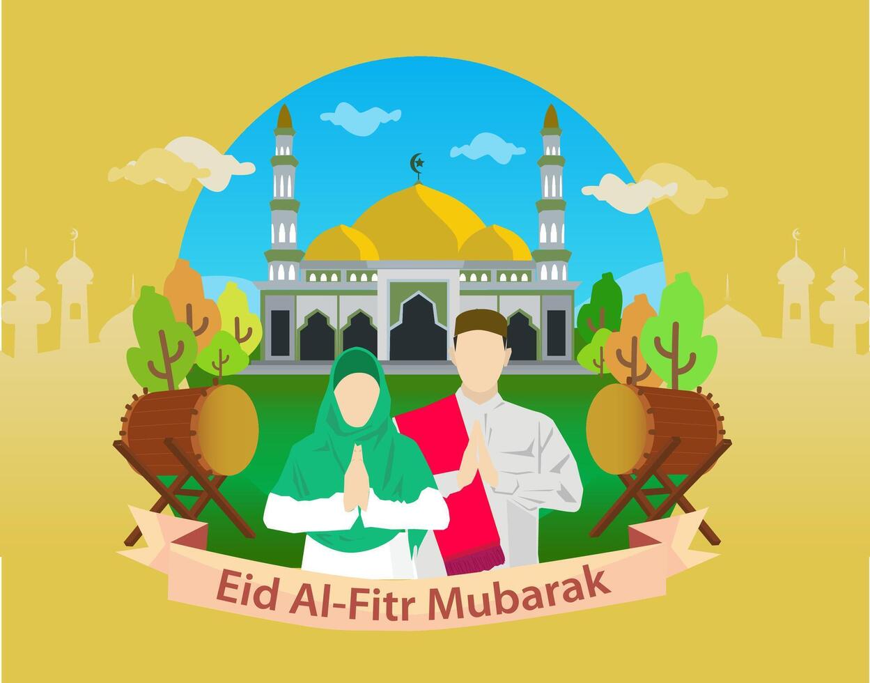 Vektor Muslim Paar entschuldige mich im Moschee und Bettwanze im Licht wolkig Blau Himmel während feiern glücklich eid al fitr Mubarak groß Tag von islamisch Religion eben Stil Design