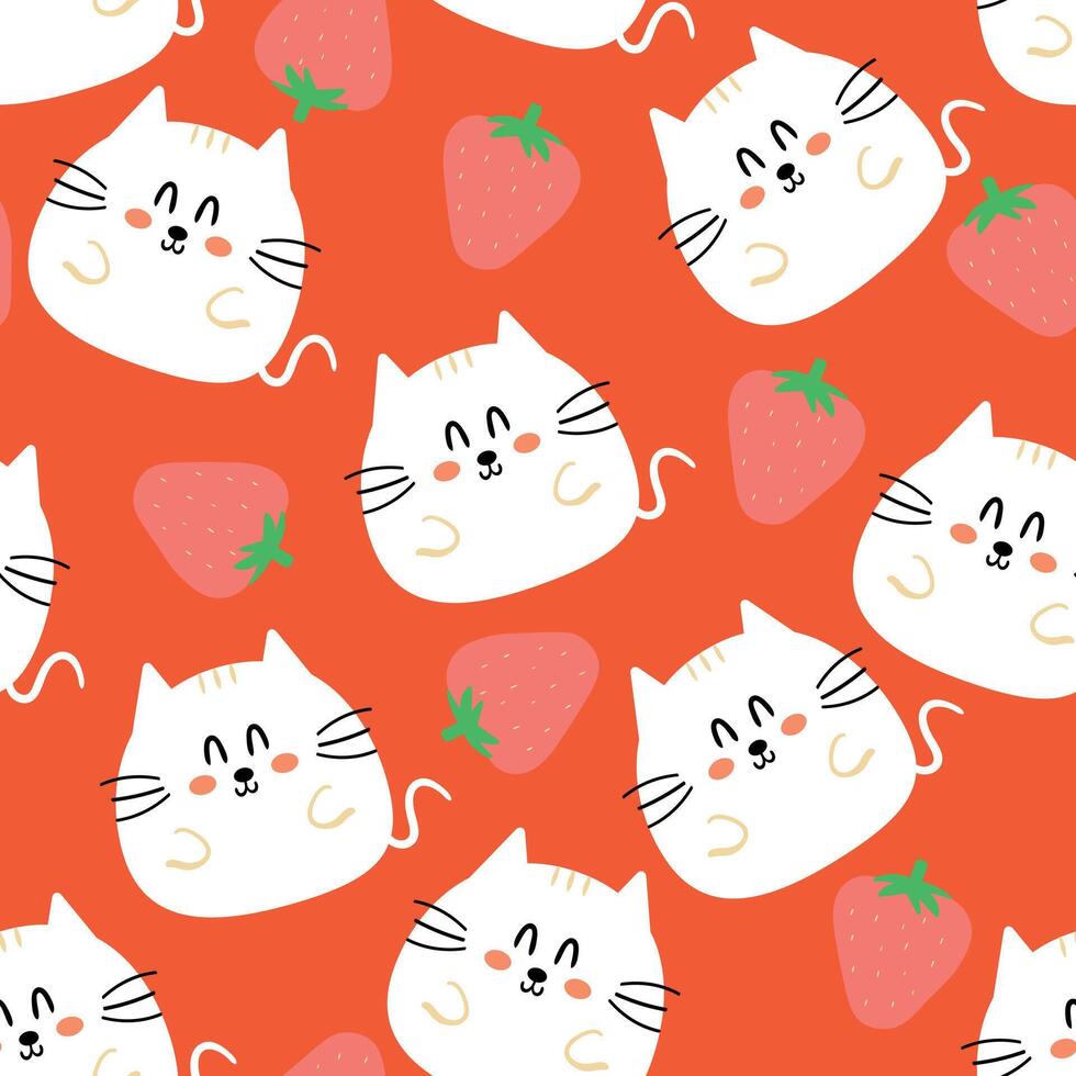 sömlös mönster med söt tecknad serie katter och jordgubbar för tyg skriva ut, textil, gåva omslag papper. barns färgrik vektor, platt stil vektor