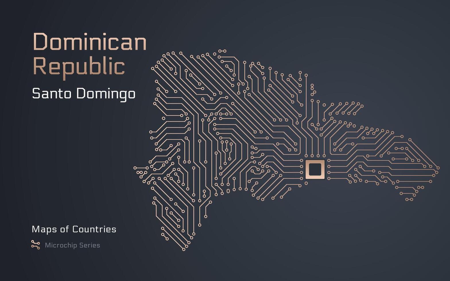 Dominikanska republik Karta med en huvudstad av santo domingo visad i en mikrochip mönster med processor. e-förvaltning. värld länder vektor Kartor. mikrochip serier