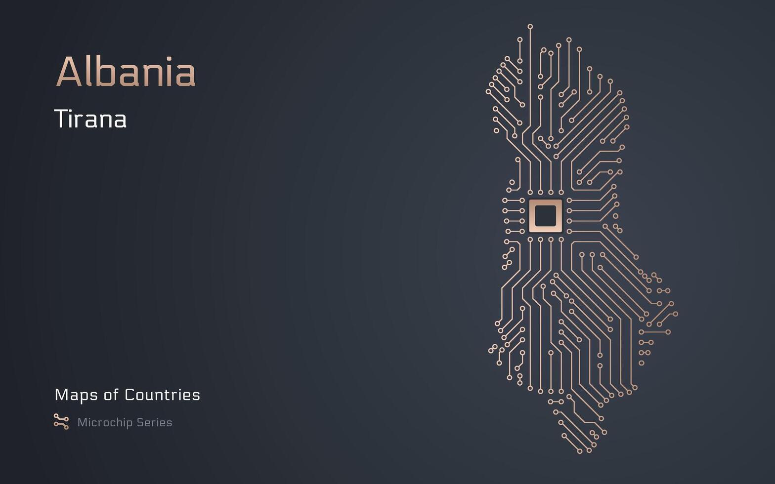 albania Karta med en huvudstad av tirana stad visad i en mikrochip mönster med processor. e-förvaltning. värld länder vektor Kartor. mikrochip serier