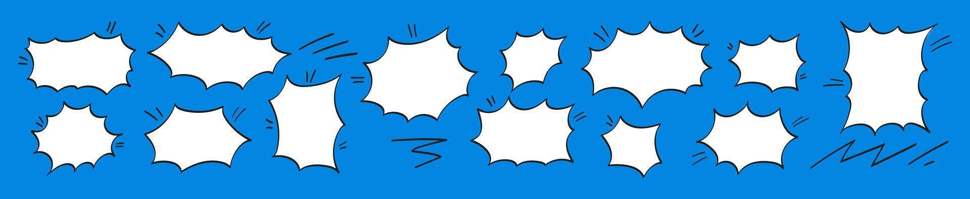 Rede Luftblasen im Manga Comic Stil auf Blau Hintergrund. Anime Plaudern Boxen. Vorlagen zum Ihre Text. Vektor Illustration.