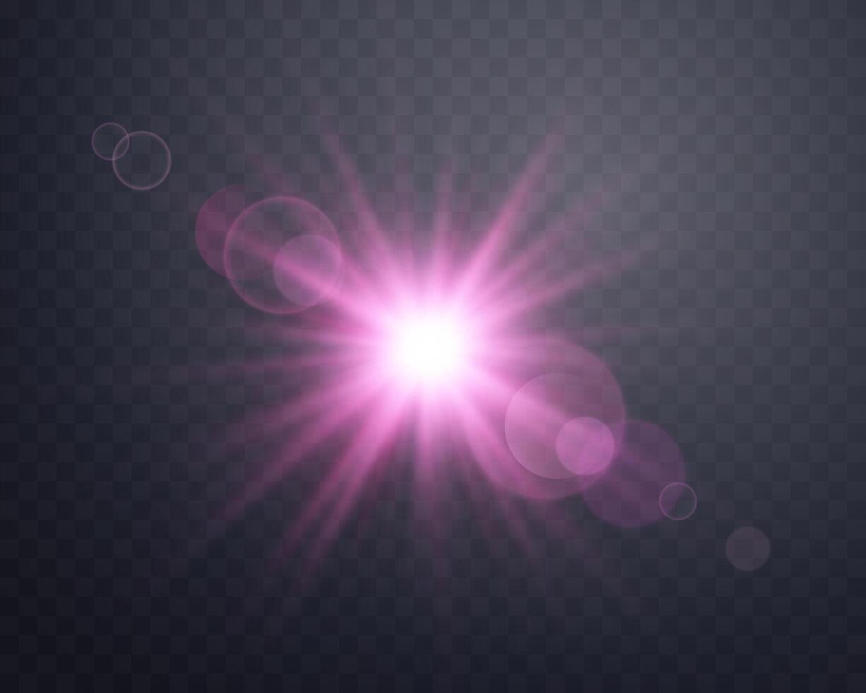 solljus lins blossa, Sol blixt med strålar och strålkastare. rosa lysande brista explosion på en bakgrund. vektor illustration.