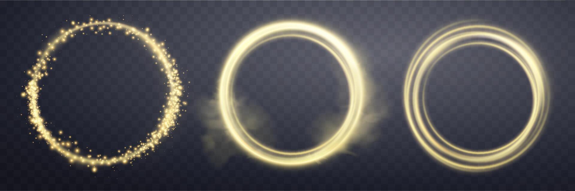 Gold Magie Ring mit glühend. Neon- realistisch Energie Fackel Heiligenschein Ring. abstrakt Licht bewirken auf ein dunkel Hintergrund. Vektor Illustration.