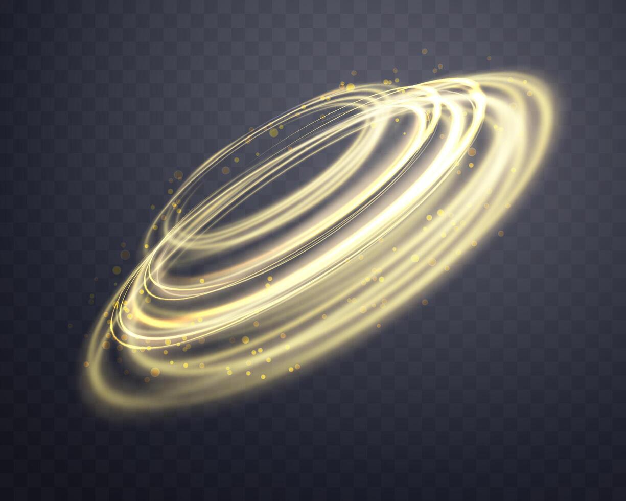 Gold Magie glühend Ring. Neon- realistisch Energie Fackel Heiligenschein Ring. abstrakt Licht bewirken auf ein dunkel Hintergrund. Vektor Illustration.