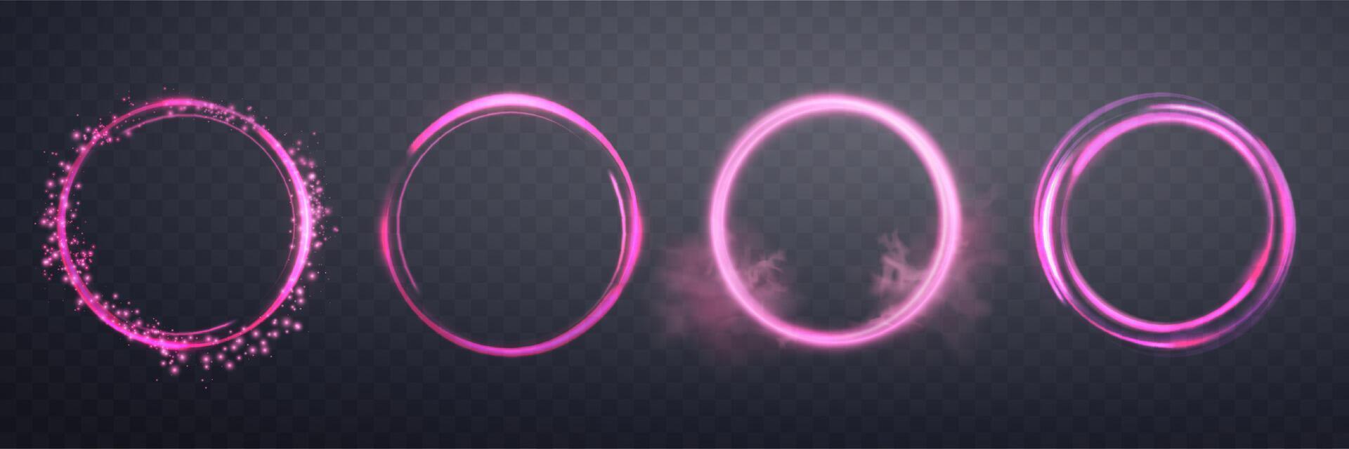 lysande rosa magi ringar. neon realistisk energi blossa halo ringar. abstrakt ljus effekt på en mörk bakgrund. vektor illustration.