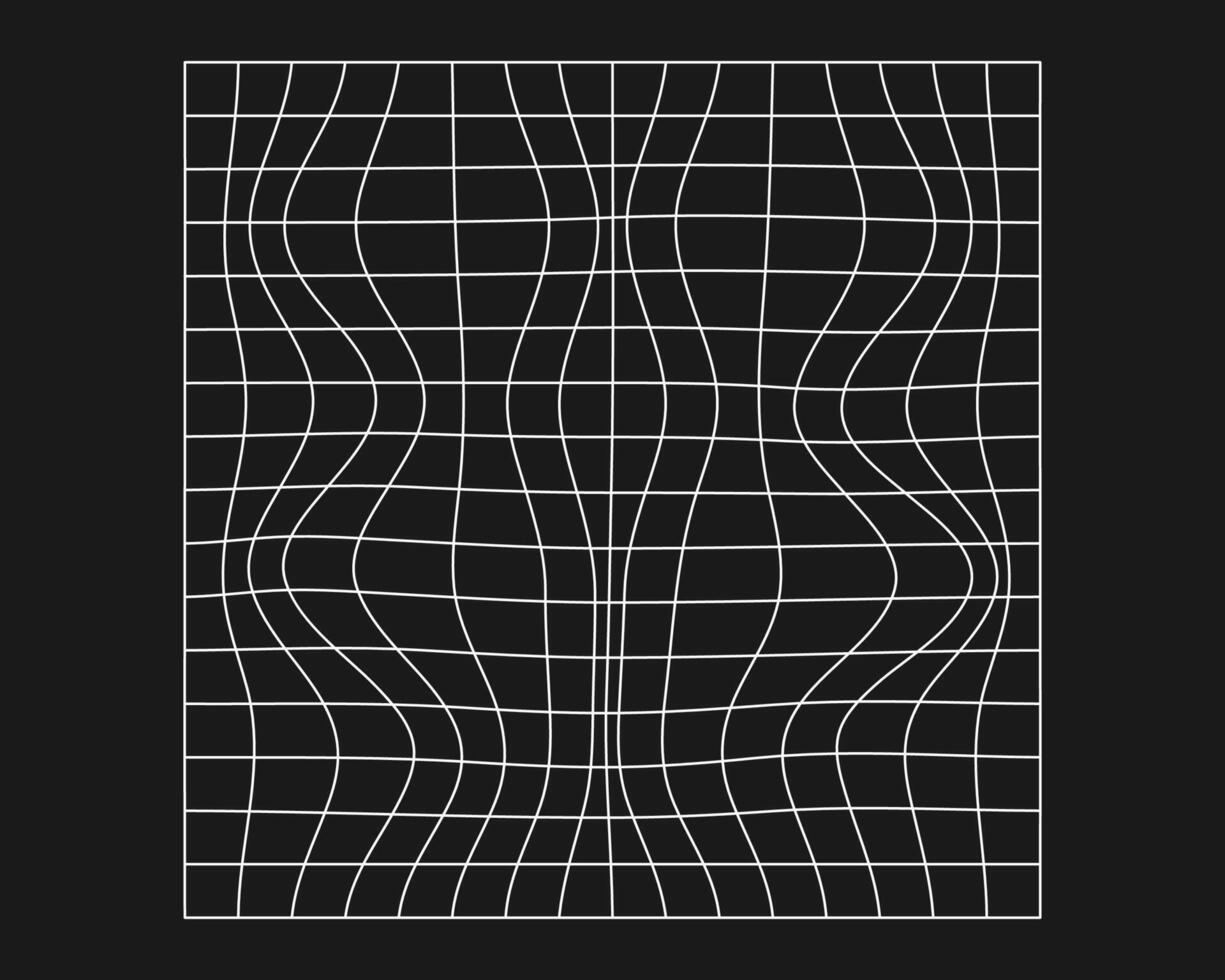 verzerrt Cyber Netz. Cyberpunk Geometrie Element y2k Stil. isoliert Weiß Gittergewebe auf schwarz Hintergrund. Vektor Mode Illustration.