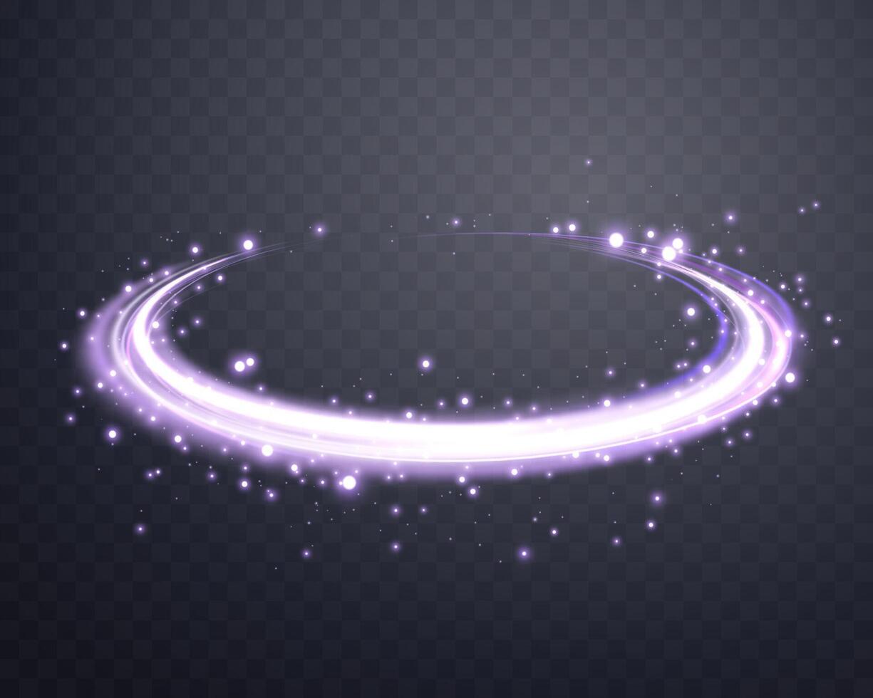 glühend lila Magie Ring. Neon- realistisch Energie Fackel Heiligenschein Ring. abstrakt Licht bewirken auf ein dunkel Hintergrund. Vektor Illustration.