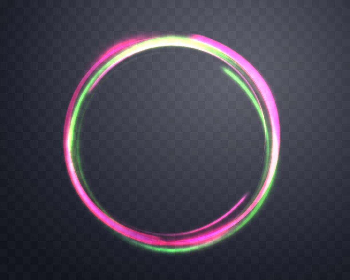Rosa und Grün Magie Ringe. Neon- realistisch Energie Fackel Heiligenschein Ring. abstrakt Licht bewirken auf ein dunkel Hintergrund. Vektor Illustration.